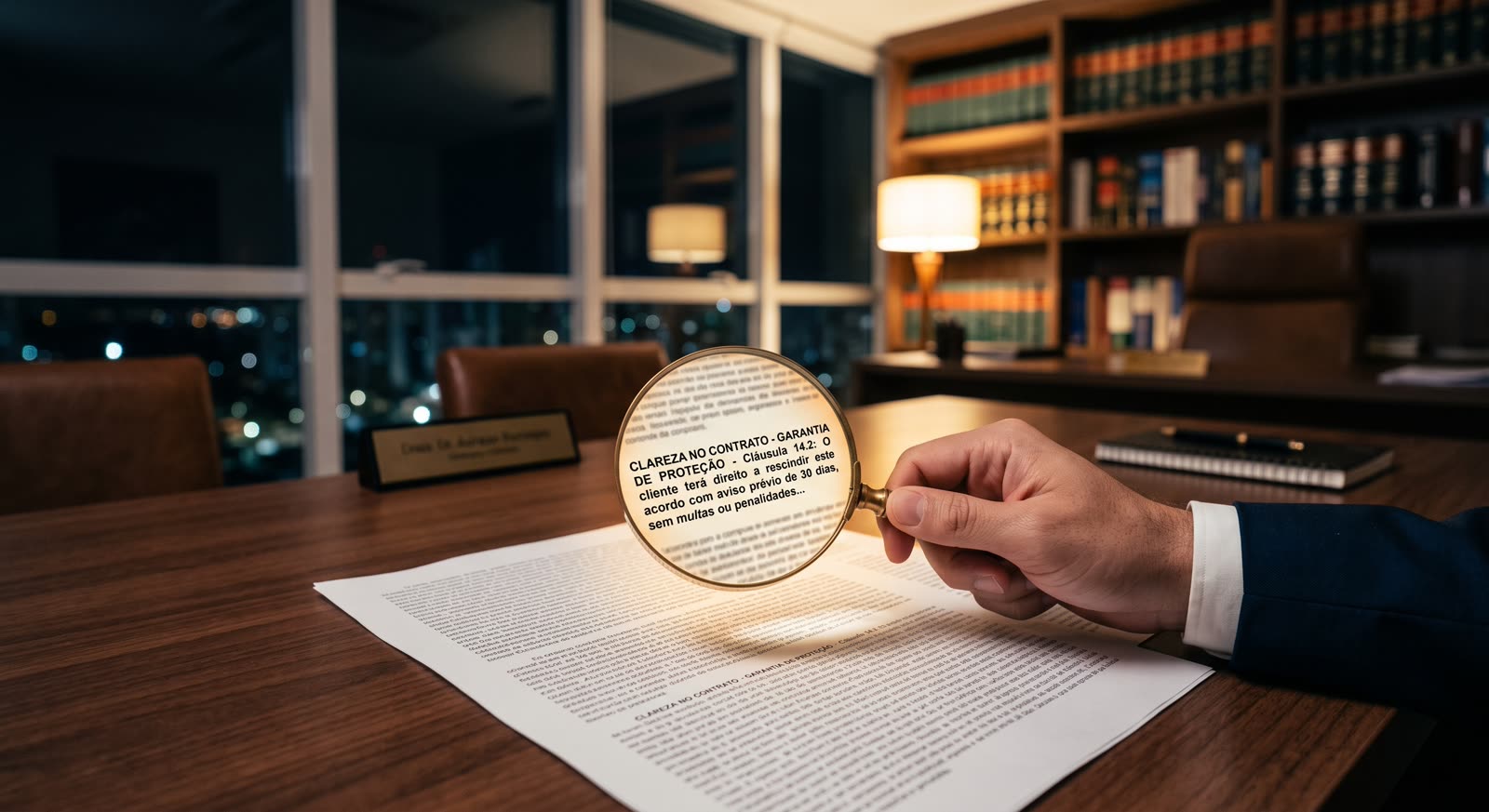 Ilustração conceitual: uma lupa sobre um contrato revela, em foco nítido, uma cláusula escrita em linguagem clara, em meio ao restante do texto borrado e denso.